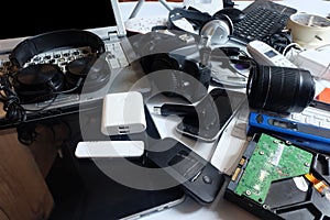 Pile of used Electronic Waste on white background,