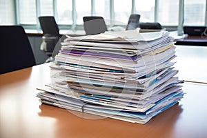 pile of various company annual reports on a desk