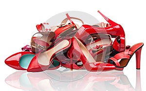 Pile of various red female shoes over white