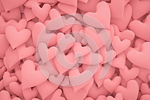 Pile of various soft pastel pink hearts. For romantic Valentine`s day background. 3d render