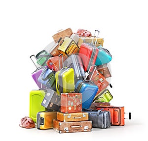 Pile of various styles of suitcases isolated on a white