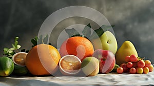 Pile of various types of fresh organic fruits ( green apple, orange, apple, pear and grapes fruit ) on white background.