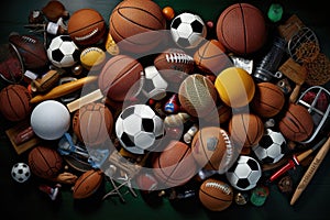 A pile of various types of sports balls, ready to be used for play, recreation, and enjoyment, Sports Equipment, AI Generated