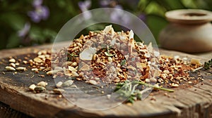 A pile of vibrant sunkissed es sits atop a wooden ting board. These potent ingredients commonly used in Ayurvedic photo