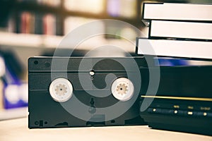 Pile of video cassette tape VHS with video playback old retro style stack
