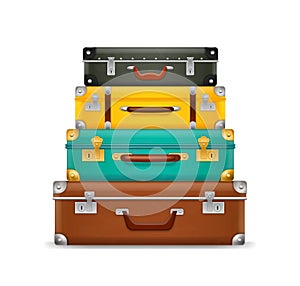 Pile vintage suitcases. Realistic old fashioned colorful briefcases stack, travel bags pyramid, ream luggage with locks