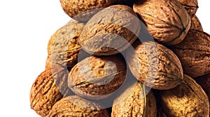 walnuts pile on white background.