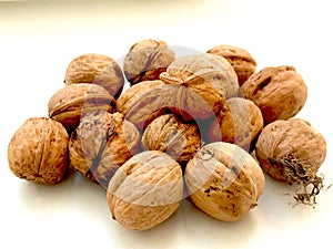 A pile of walnuts on a white background. Exclusive three-walnut