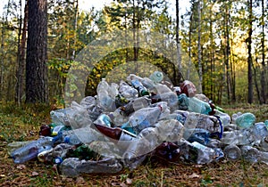 Pile of waste plastic bottles, aluminium can from drinking and paper coffee cup in forest. Plastic bottles garbage for recycle.