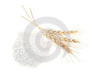 Pile of wheat flour and spikes isolated on white, top view