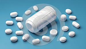 A pile of white pills on a blue background