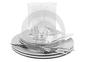 Pile of white plates, glasses, forks, spoons.