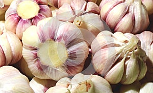 Pile of white purple garlic