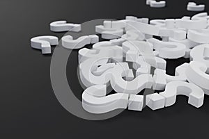 Pile of white question marks on black dark surface; concept faq support helpdesk; 3D Illustration