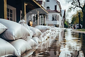Pile of white sacks on the street after a flood in the city, Flood Protection Sandbags with flooded homes in the background, AI