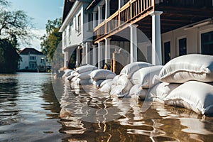 Pile of white sandbags on the water. Flood in the country, Flood Protection Sandbags with flooded homes in the background, AI