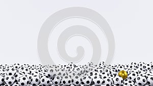 Pile of white soccer balls with one only golden ball on white background