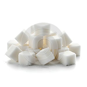 Pile of white sugar cubes on a white background