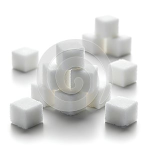 A pile of white sugar cubes on a white surface