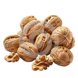 A Pile of Whole Walnuts and a Cracked Walnut Shell