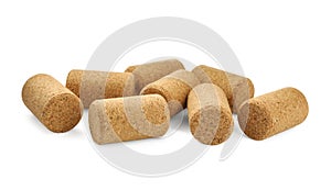 Pile of wine corks on white background. Bottle cap