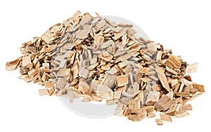 Pile of wood chips isolated on white background. Wood chips for smoking, BBQ or recycle