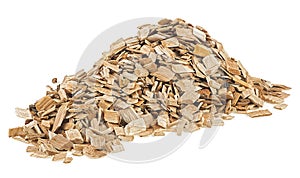 Pile of wood shavings isolated on white background. Wooden smoking chips