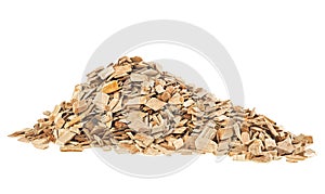 Pile of wood smoking chips isolated on white background. Ecological fuel