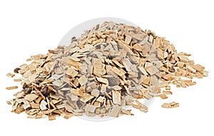 Pile of wood smoking chips for smoking isolated on white background. Handful of wooden chips