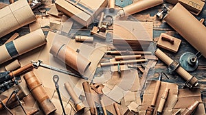 A pile of wood and tools on a table