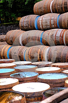A pile of wooden barrels