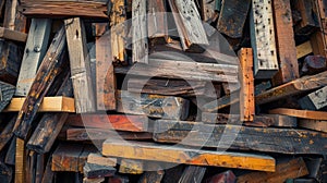 A pile of wooden beams and planks arranged in an organized manner ready to be reused or recycled photo