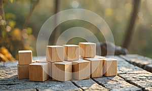 A pile of wooden blocks is arranged on a table, with the blocks varying in size and shape. The table is situated in fron