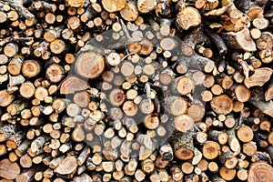 Pile of wooden firewood, background. A stack of logs