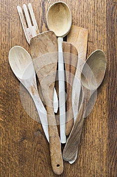 Pile of wooden kitchen utensils