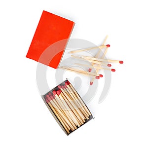 Pile of Wooden matches with box isolated over the white background