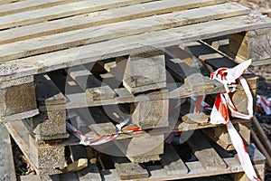 Pile of wooden pallets creates cargo and shipping backgroune photo