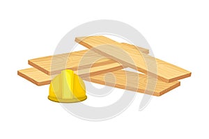 Pile of Wooden Planks and Hard Hat Rested Nearby Vector Illustration