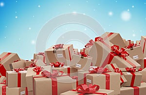 Pile of wrapped christmas presents as postal parcel packages 3d-illustration