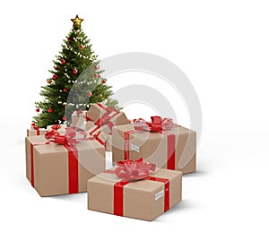 Pile of wrapped christmas presents as postal parcel packages 3d-illustration