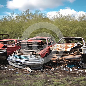 Pile of wrecked cars in a junkyard with trees in the background, depicting the end of their lifecycle.