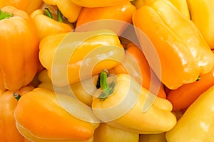 Pile of yellow bell peppers in a supermarket.