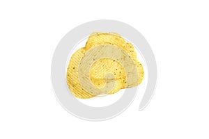Pile of yellow crispy ribbed potato chips isolated on white background