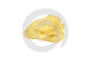 Pile of yellow crispy ribbed potato chips isolated on white background