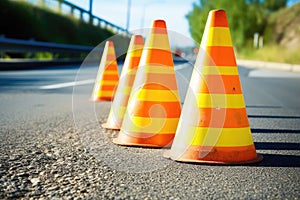 a pile of yellow safety cones on the road