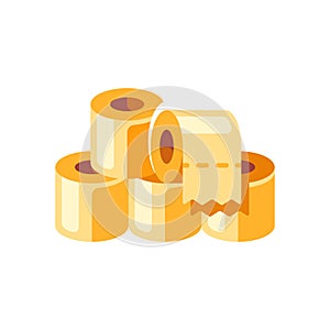 Pile of yellow toilet paper rolls flat illustration. Hygienic paper tissues stack