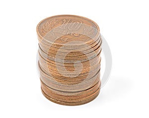 Pile of 10 yen coins japanese money on white background.