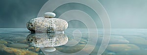 Pile of Zen stones on the water surface. The reflection of the rock is visible in the water. Concept of calm and tranquility.