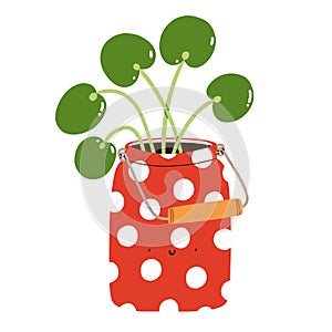 Pilea peperomioides in a cute red polka dot can, vector illustration