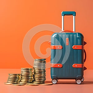 Piled gold coins next to luggage model, representing travel budgeting